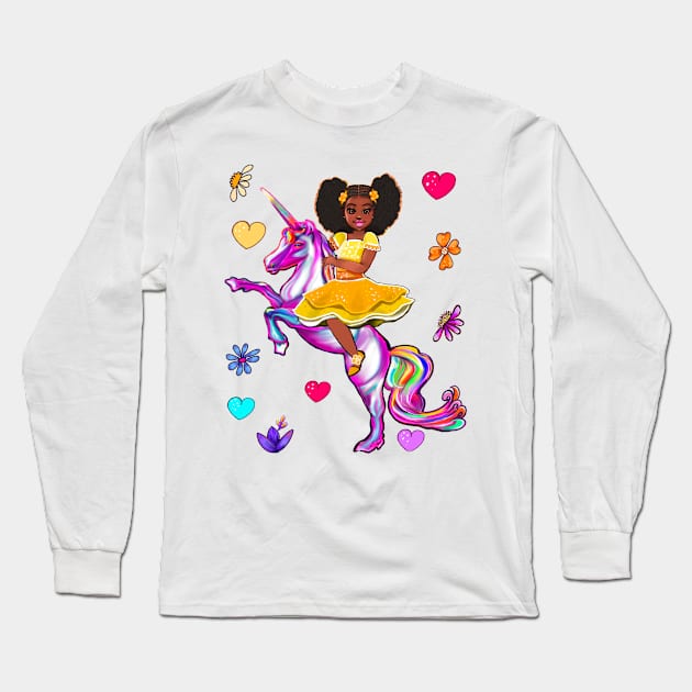 Afro hair Princess on a unicorn pony - black girl with curly afro hair on a horse. Black princess Long Sleeve T-Shirt by Artonmytee